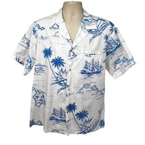 Kai Nani Hawaii Aloha White Blue Nautical Vintage Button Up Shirt XL Welt Pocket